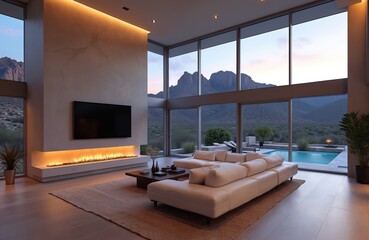 Obraz premium Luxurious living room boasts scenic mountain view. Modern home interior displays minimalist design with fireplace. Comfortable white sofa sits near windows. Interior architecture offers elegance.
