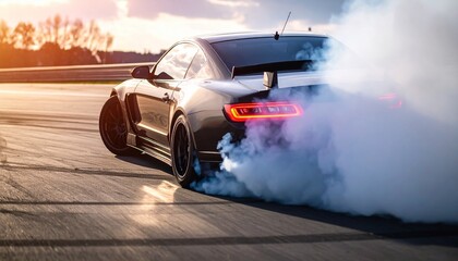 Sports Car Drifting on Racetrack with Thick Tire Smoke at Sunset