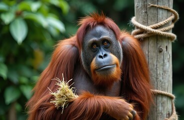 Close up portrait of orangutan looking at camera. Red ape holding straw. Great ape endangered animal with expressive face near wooden pole. Wildlife awareness campaign against deforestation in Asia.