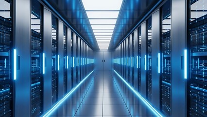 Modern data center aisle with racks of servers illuminated by vibrant blue lights