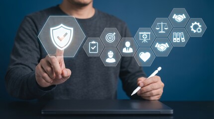 Person interacting with a digital interface displaying icons representing security safety goals teamwork legal health and success emphasizing business and personal well being Technology
