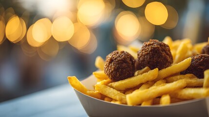 Deep fried savory spheres served atop golden potato sticks in a shallow container against a bright bokeh background