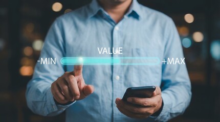 A man's hand touches a glowing slider bar labeled MIN VALUE MAX on a digital interface held by a mobile phone with bokeh lights in the background technology control selection input