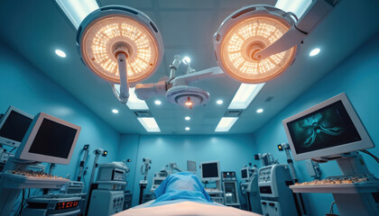 Modern operating room with advanced medical equipment and surgical lights. Patient covered with blue cloth on operating table. Monitors display medical graphics and data.