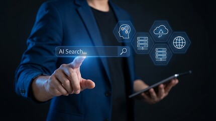Person's finger touching an AI search bar with icons depicting a brain servers cloud upload and a globe on a dark background Artificial Intelligence technology data digital network