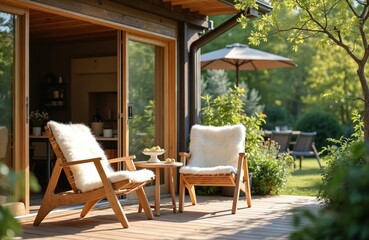 Fototapeta premium Exterior of modern Danish house with patio. Wooden deck with chairs fur cushions table. Sun umbrella creates shadows. Garden with greenery. Cozy atmosphere