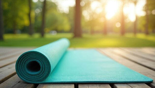 Turquoise yoga mat lies on wooden deck in park. Sunlight streams through trees creating soft bokeh background. Morning calm promotes outdoor exercise and personal wellness practice. - Powered by Adobe
