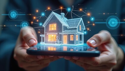 Person holds mobile. Model house on phone screen. Smart house graphic user interface. Modern technologies in real estate and digital online home management system platform concept.