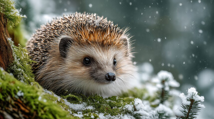 A  curled-up hedgehog with prominent eyes and spikes, nestled on a snow-dusted, mossy log during a light winter snowfall.