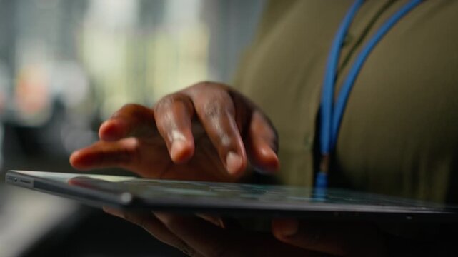 Close up of tablet used by admin in office doing software development to launch new features. Device used by system administrator in startup company writing computer programs, camera B