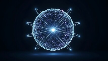 Abstract 3D model of a glowing atom with orbiting electrons against a dark background