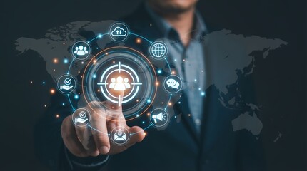 A person's hand touches a digital interface showcasing a global network of people icons cloud communication and marketing symbols interconnected with glowing lines against a world map background