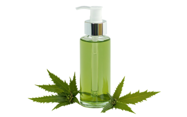 High quality 3D hand sanitizer bottle illustrated with natural herbal ingredients, smooth container, and lifelike dimensional shading isolated on transparent background PNG