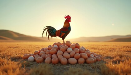 Proud rooster stands atop large pile of eggs in golden sunlit field. This iconic image represents abundance, fertility, and bounty of farm life, symbolizing new beginnings and rural prosperity.