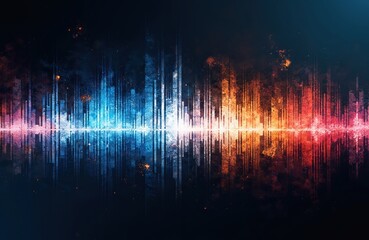 Abstract artwork visualizes sound frequency digital signal. Color gradient background features audio waveform with vertical lines. Modern tech design uses vibrant blue orange colors. Digital