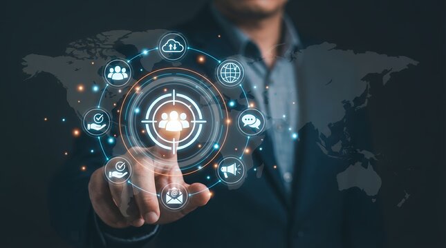 A person's hand touches a digital interface showcasing a global network of people icons cloud communication and marketing symbols interconnected with glowing lines against a world map background - Powered by Adobe