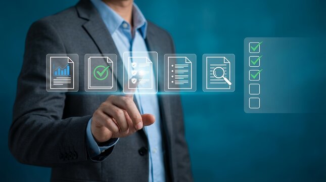 Businessman's hand interacting with digital interface displaying document icons checklist graph magnifying glass and approved marks on a blue gradient background interaction technology - Powered by Adobe