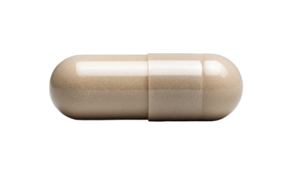 Beige capsule against black, filled with powder, slight translucent effect
