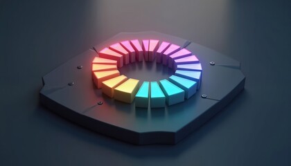 Minimalist digital art piece shows circular budget chart. Glowing colored segments represent different financial areas. Modern design suitable for business finance or tech presentations