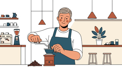 Flat modern vector barista grinding coffee beans with manual grinder in a clean contemporary layout. Ideal for café branding, tutorials, packaging, and specialty coffee content