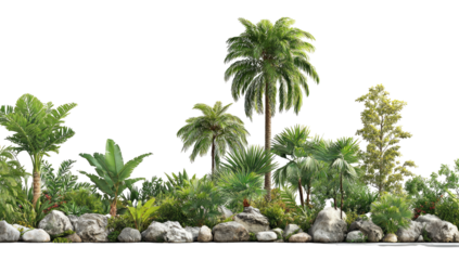 Lush vegetation with palms, foliage, rocks, isolated on black