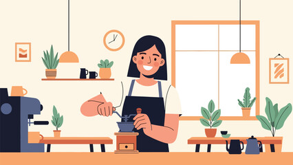 Flat modern vector barista grinding coffee beans with manual grinder in a clean contemporary layout. Ideal for café branding, tutorials, packaging, and specialty coffee content