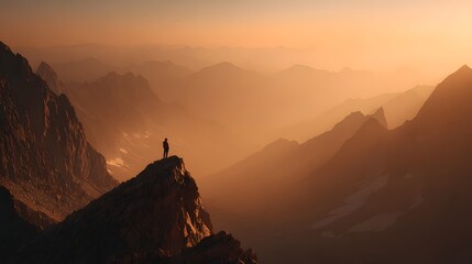 Naklejka premium Solitary figure stands atop a rugged peak overlooking layers of hazy mountain ranges during golden hour