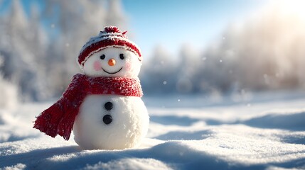 Obraz premium Charming miniature figure constructed of snow wears knitted winter accessories in a bright outdoor setting