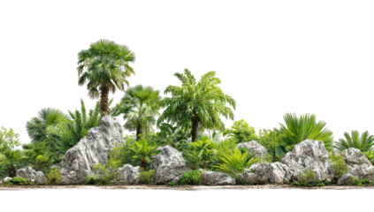 Lush tropical foliage with palm trees and gray rocks against black backdrop