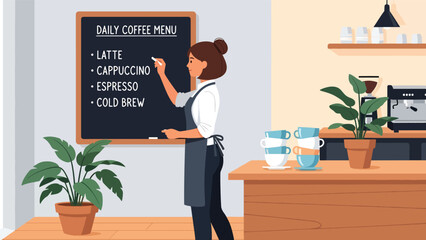 Flat modern vector of a barista handwriting the daily coffee menu on a chalkboard, ideal for café branding, signage concepts, and coffee shop marketing.