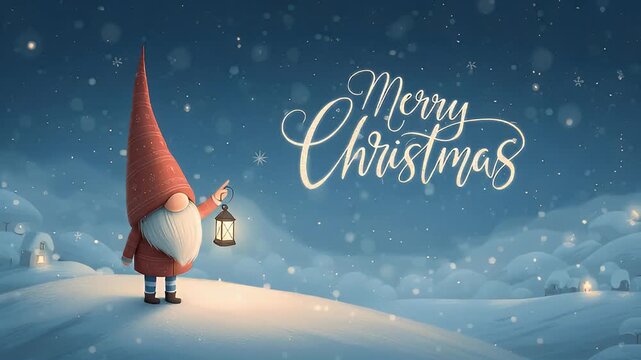 Merry Christmas Dwarf Cartoon Holding Lantern on Snowy Winter Night