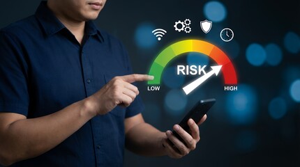 A man points to a digital risk meter showing low risk with icons representing security Wi Fi and time High Gauge Measurement Business Finance Technology Data Analysis Strategy Decision