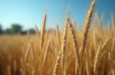 Fototapeta premium Golden wheat field under clear blue sky. Ripe stalks sway gently in breeze. Closeup view shows detailed grain heads. Rural farmland promises bountiful harvest.