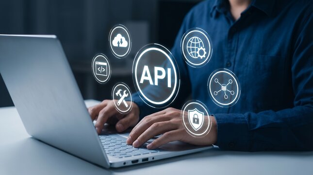 Person's hands typing on a laptop keyboard with digital interface icons representing API cloud computing coding networking and security application programming interface technology - Powered by Adobe