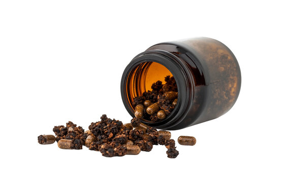 Modern graphic rendering of herbal guggul capsules in bottle symbolizing natural healing and vitality isolated on transparent background PNG