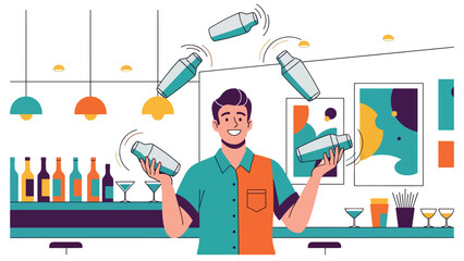 Flat modern vector of a bartender juggling cocktail shakers, ideal for bar shows, mixology entertainment, and nightlife branding