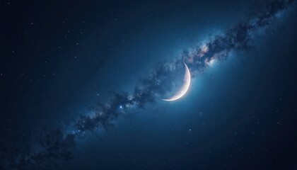 Obraz premium Crescent moon shines in dark blue night sky. Stars adorn night landscape. Milky Way illuminates heaven. Celestial scene evokes romantic, fantasy moods. Space exploration theme. Abstract art for