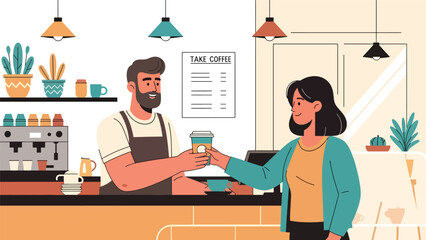 Flat modern vector of a barista offering a takeaway coffee cup, ideal for delivery apps, café promotions, and quick-service branding