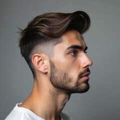 Obraz premium Profile of young man with stylish haircut on gray backdrop. Guy shows trendy coiffure. Male fashion model poses in studio. Pro barber presents new hair style, demonstrates face features. Beauty salon