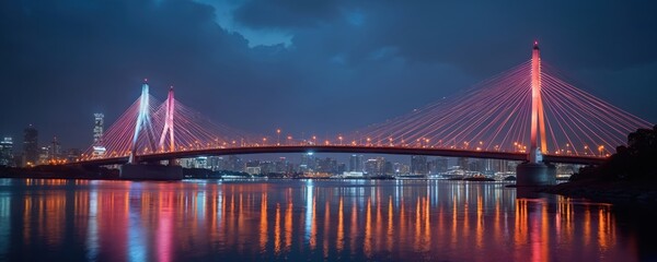 Illuminated modern cable-stayed bridge at night over calm river waters. City skyline with skyscrapers reflects brightly. Vibrant lights create a stunning urban landscape.