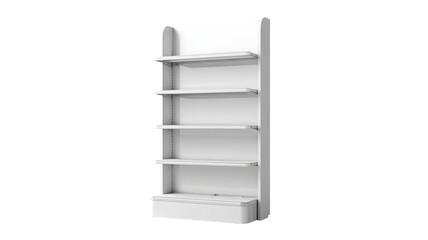 White store shelf unit with five shelves on black background