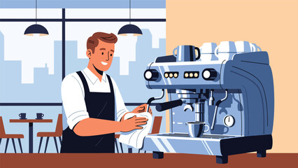 Flat modern vector of a barista cleaning an espresso machine, ideal for training materials, operational guides, and café workflow visuals