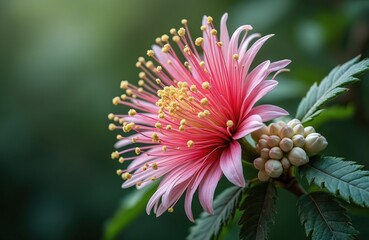 Close up photo of vibrant pink flower in full bloom. Delicate petals and yellow stamens contrast against green background. Botanical beauty captured in studio with natural light.
