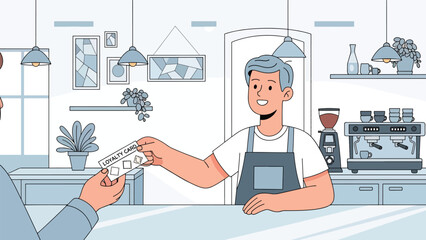 Flat modern vector of a barista handing a loyalty stamp card to a customer, ideal for café marketing, customer reward programs, and service visuals
