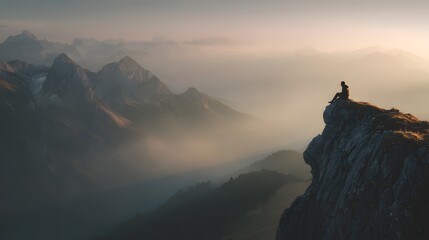 Solitary figure contemplates vast mountain range shrouded in atmospheric mist at sunrise or sunset