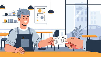 Flat modern vector of a barista handing a loyalty stamp card to a customer, ideal for café marketing, customer reward programs, and service visuals