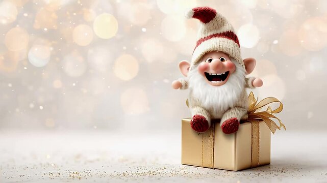Cute Christmas Dwarf Cartoon with Gift Box and Festive Bokeh Background