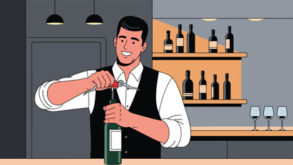 Flat modern vector of a bartender opening a wine bottle with a corkscrew, ideal for wine bars, restaurant menus, and sommelier visuals