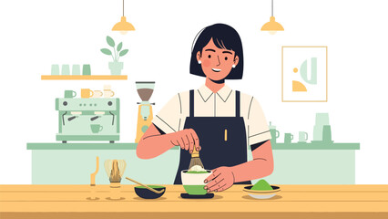 Flat modern vector of a barista preparing matcha with a whisk, ideal for tea cafés, beverage menus, and matcha-themed branding