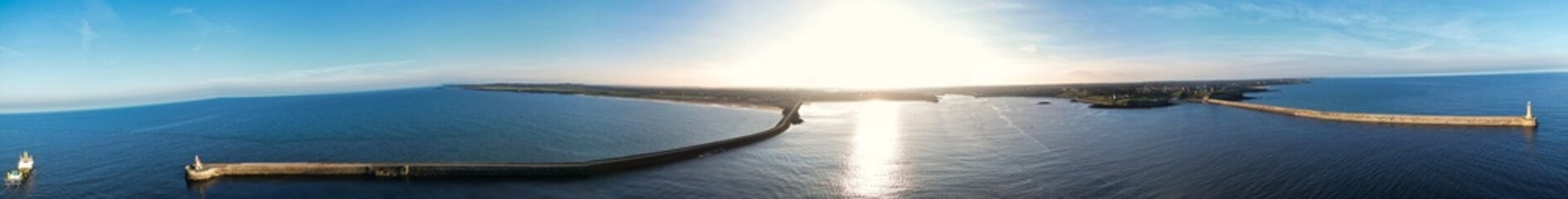 Aerial Panoramic View of Beach and Ocean of Newcastle Port City of Northern England, United...